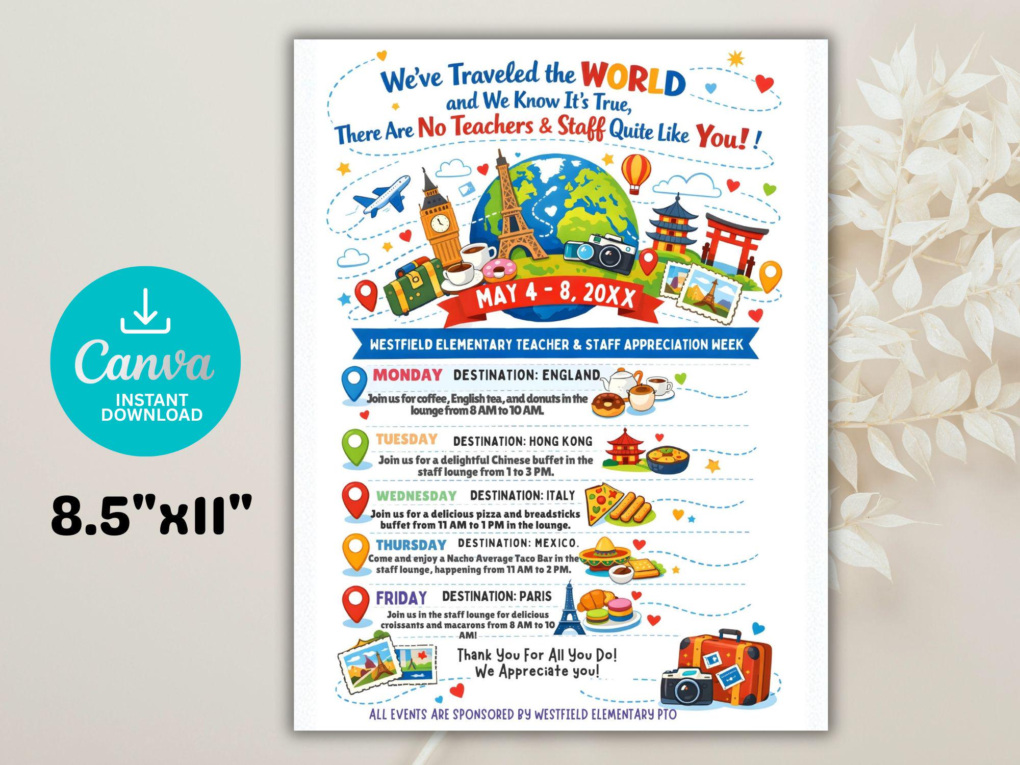 International Theme Teacher Appreciation Week Itinerary Flyer (canva ...