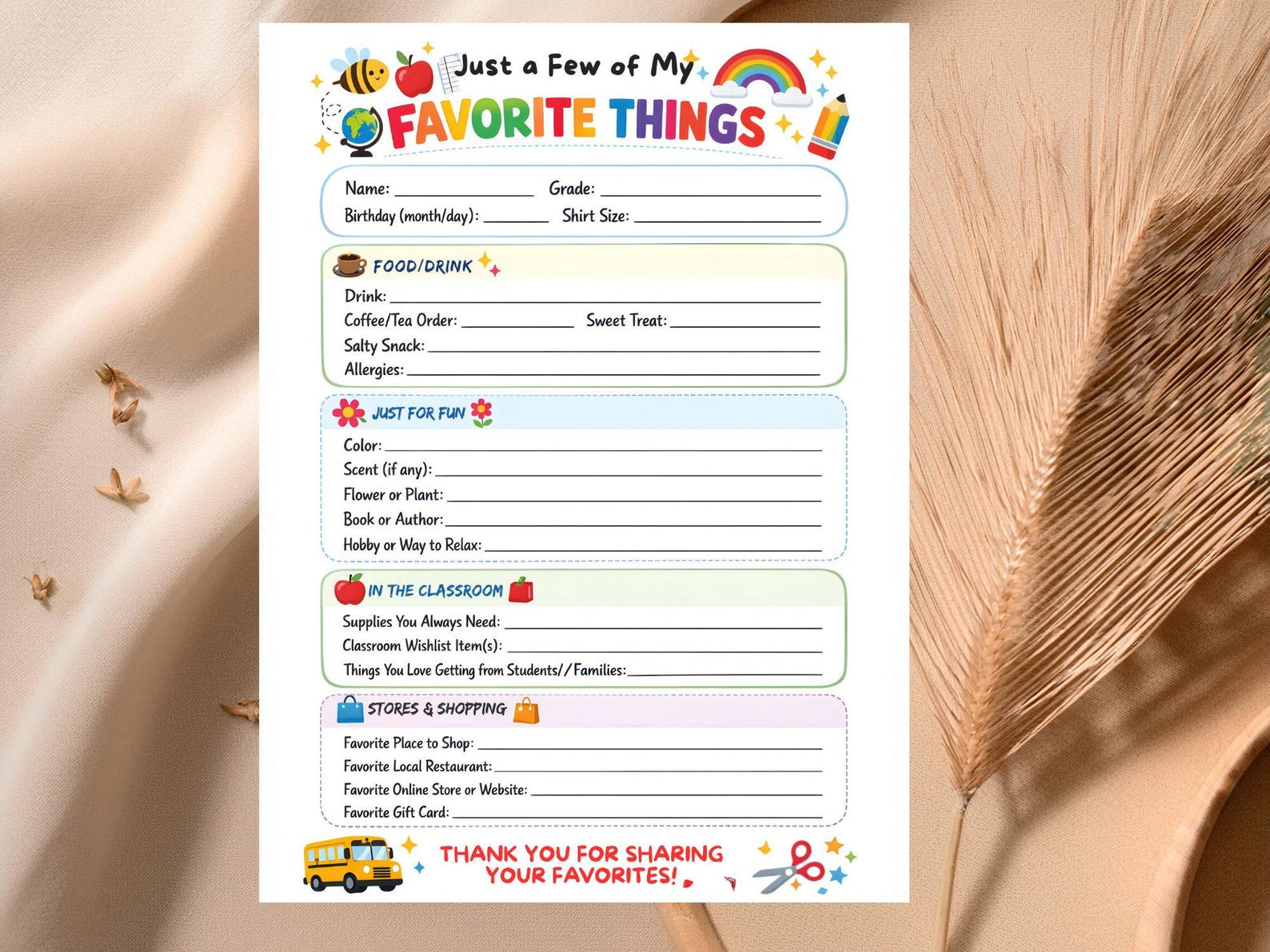 Teacher Favorite Things List: Appreciation Gift Questionnaire ...