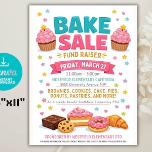 Puede incluir: Un folleto colorido de venta de pasteles con las palabras "BAKE SALE" en letras grandes turquesas y rosas. El folleto incluye ilustraciones de cupcakes, brownies, galletas y donas. También indica la fecha, hora y lugar del evento.