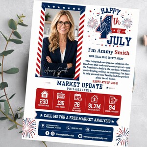 Puede incluir: Un folleto promocional de una agente inmobiliaria, con una foto de una mujer. El folleto tiene un tema rojo, blanco y azul con el texto "Happy 4th of July" y "Market Update Philadelphia".