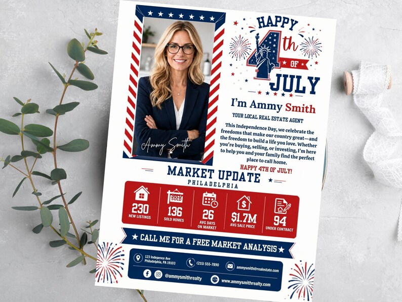 Puede incluir: Un folleto promocional de una agente inmobiliaria, con una foto de una mujer. El folleto tiene un tema rojo, blanco y azul con el texto "Happy 4th of July" y "Market Update Philadelphia".