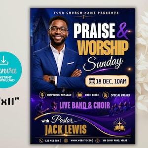 Op de afbeelding: Een promotieposter voor een kerk evenement, met een man in een blauw pak en bril. De poster toont de tekst "Praise & Worship Sunday" met evenementdetails, een live band en de naam van de dominee. De poster is 21.59cm x 27.94cm groot.