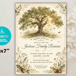 May include: A 5x7 inch invitation card featuring a large watercolor oak tree at the top, surrounded by botanical illustrations of leaves, acorns, and wildflowers. The text reads: Together with love, JOIN US FOR THE Jackson Family Reunion, Saturday, September 18, 2026, 12:00 PM - 5:00 PM, The South Creek Lodge, 456 Country Lane, Greene, NC 27834, Kindly RSVP to Anna at 555-234-7890.