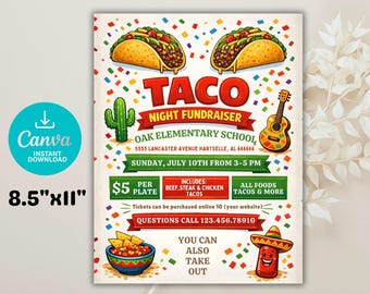 Folleto para recaudación de fondos con cena de tacos: Invitación editable para una noche mexicana (producto digital)
