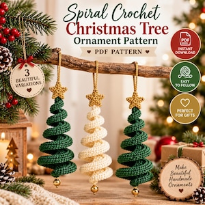 May include: A digital PDF pattern for spiral crochet Christmas tree ornaments. The image displays three hanging ornaments, two in dark green and one in cream, each topped with a gold star and finished with a gold bead at the bottom.