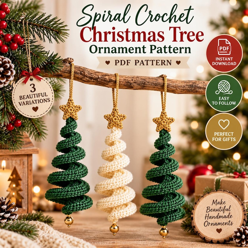 May include: A digital PDF pattern for spiral crochet Christmas tree ornaments. The image displays three hanging ornaments, two in dark green and one in cream, each topped with a gold star and finished with a gold bead at the bottom.