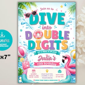 Editable Girl Tropical Dive into Double Digits, 10th Birthday, Pool Water Park Birthday Digital Template,Beach Party Invitation