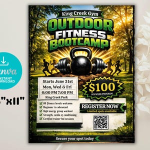 Plantilla de folleto para entrenamiento al aire libre / Folleto de entrenamiento editable en Canva / Anuncio de entrenamiento con entrenador personal / Póster de clase de gimnasio / Código QR