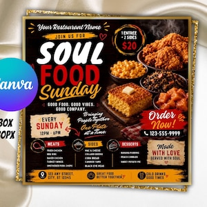 Könnte beinhalten: Ein quadratischer Restaurant-Flyer für Soul Food Sunday mit gebratenem Hähnchen, Mac and Cheese, Grünkohl, kandierten Yamswurzeln und Maisbrot. Der Text enthält Menüpunkte, Veranstaltungszeiten, eine Telefonnummer und eine Platzhalteradresse.