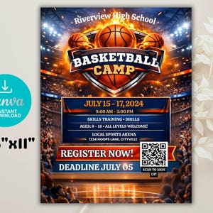 May include: Basketball Camp flyer with a fiery design featuring basketballs and the text "Basketball Camp." Details include dates, times, skills training, and age range. The flyer is 8.5" x 11" and includes a QR code.