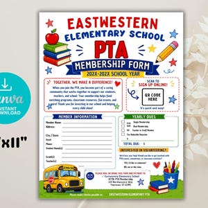 May include: A printable PTA membership form with the text "Eastwestern Elementary School PTA Membership Form." The form includes sections for member information, yearly dues, and volunteering. A school bus graphic is at the bottom. The form is 21.6cm x 27.9cm.