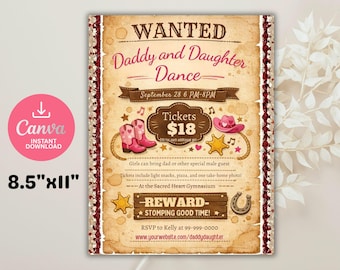 Folleto de baile de vaquera, papá e hija: temática country western, plantilla CANVA editable