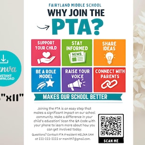 May include: A colorful poster promoting the PTA at Fairyland Middle School. The poster includes the text "WHY JOIN THE PTA?" and features icons representing ways to get involved, such as supporting children and sharing ideas. The poster is 8.5" x 11".
