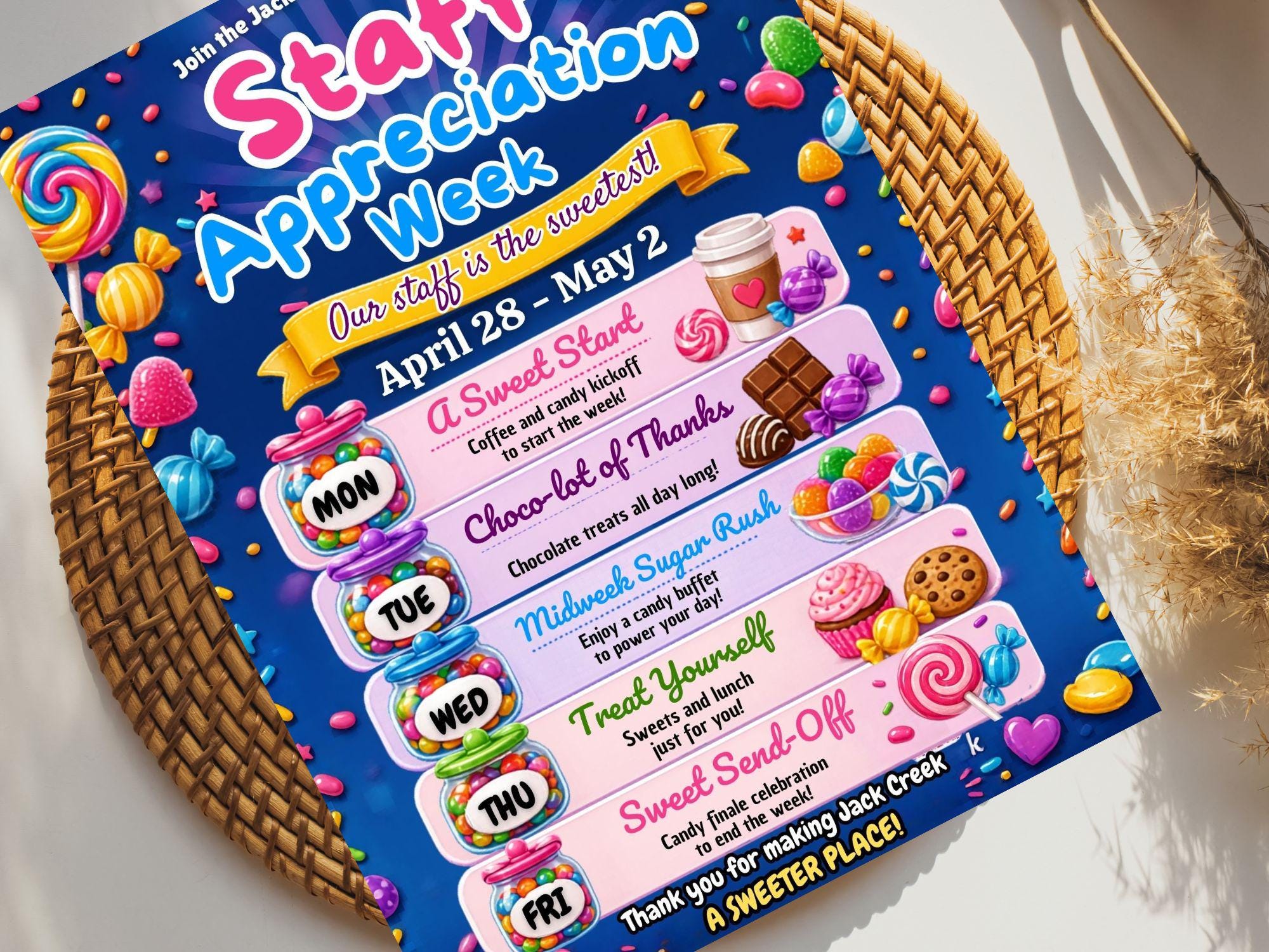 Staff Appreciation Week Candy Theme Flyer | Teacher Appreciation Week ...