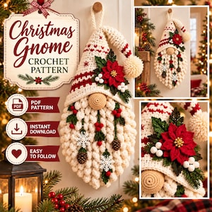 May include: A crochet Christmas gnome wall hanging pattern featuring a cream-colored beard, a red and white striped hat with a pom-pom, and decorative poinsettia, pinecone, and snowflake accents. The text reads Christmas Gnome Crochet Pattern.