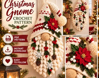 Pode incluir: Um padrão de gnomo de Natal em crochê para pendurar, com barba cor de creme, gorro às riscas vermelhas e brancas com pompom e decorações de poinsétias, pinhas e flocos de neve. O texto diz Christmas Gnome Crochet Pattern.