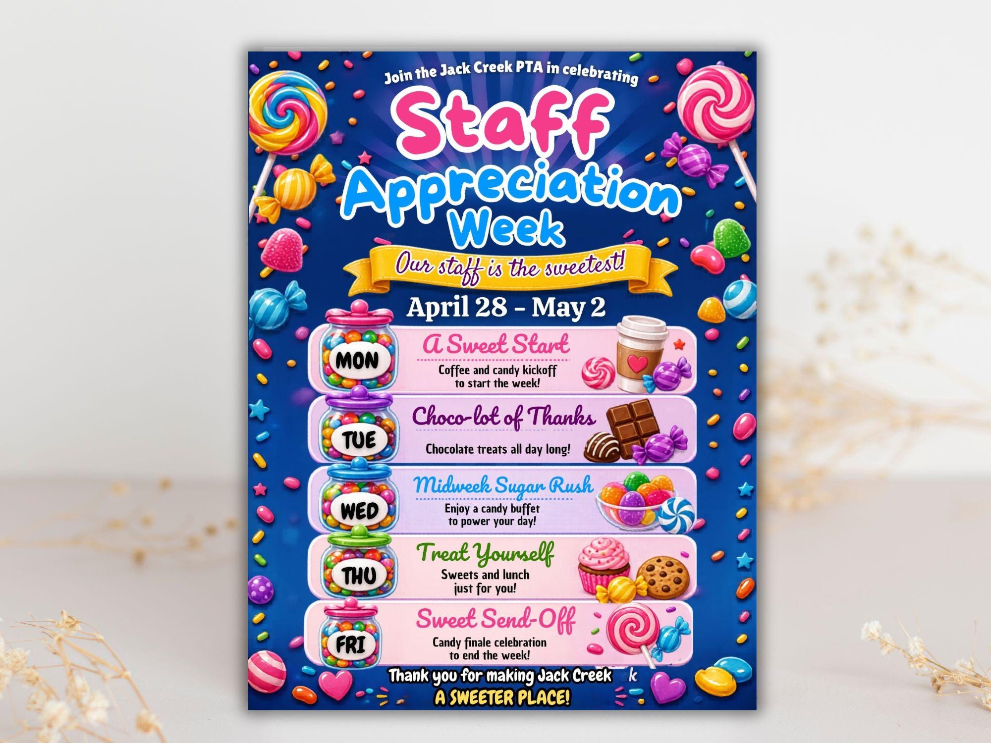 Staff Appreciation Week Candy Theme Flyer | Teacher Appreciation Week ...