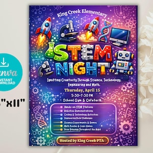 May include: A colorful STEM Night flyer with rockets, microscopes, and a robot. The flyer is 8.5" x 11" and includes event details such as the date, time, and activities. The flyer is hosted by King Creek PTA.