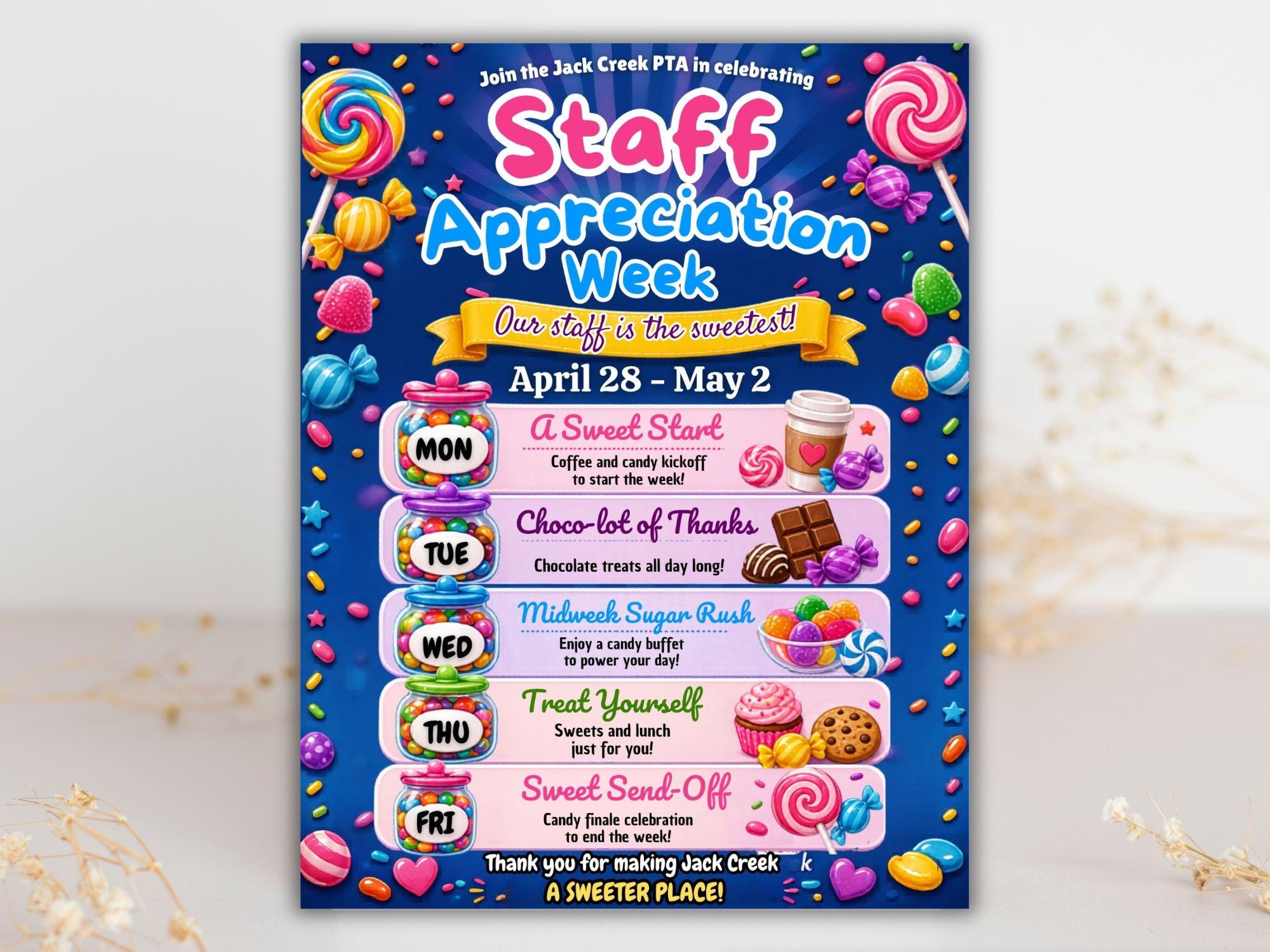 Staff Appreciation Week Candy Theme Flyer | Teacher Appreciation Week ...