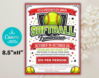 Folleto para recaudar fondos para softbol, invitación a torneo escolar (plantilla editable de Canva, descarga digital)