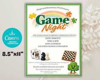 Plantilla de invitación para la noche de juegos de San Patricio, volante para evento escolar (descarga digital, editable en Canva, 8,5 x 11 pulgadas)