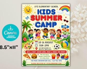 Plantilla editable para folleto de campamento de verano infantil, folleto de club de actividades de verano para niños, póster de verano, folleto de evento de verano, póster imprimible para campamento de verano.