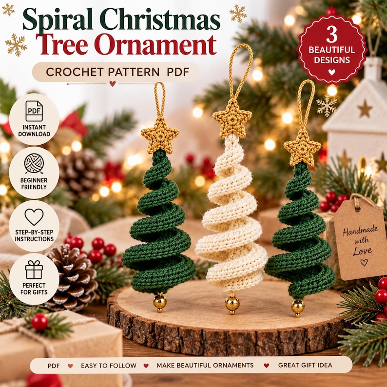 May include: A digital PDF crochet pattern for three spiral Christmas tree ornaments. The design features two dark green trees and one cream-colored tree, each topped with a gold crocheted star and a gold bead at the base with a hanging loop.