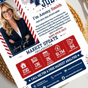 Puede incluir: Folleto de actualizaci&oacute;n del mercado inmobiliario para Filadelfia, con Ammy Smith. El dise&ntilde;o utiliza los colores rojo, blanco y azul con estrellas patri&oacute;ticas y fuegos artificiales. Incluye datos del mercado como nuevas listas y precio medio de venta.