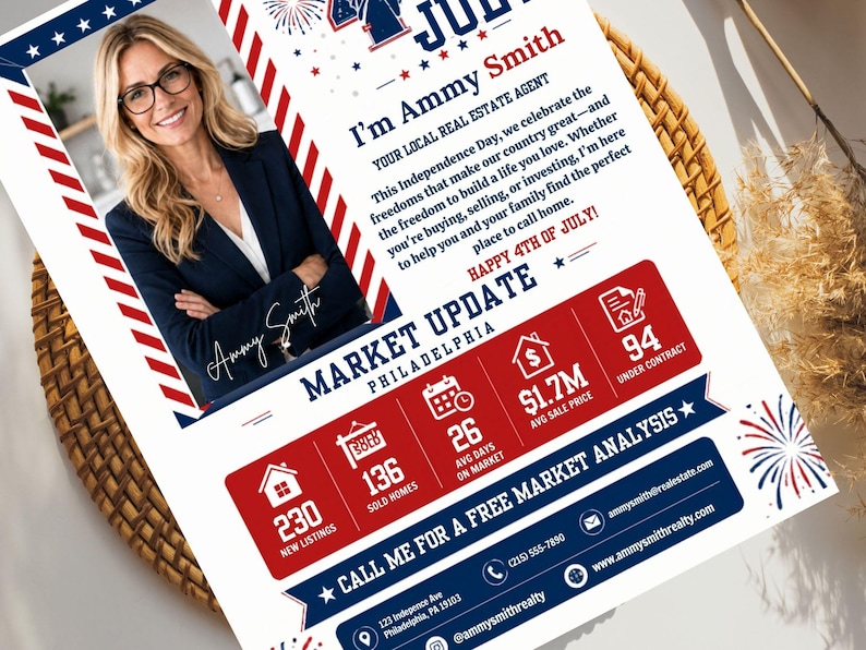 Puede incluir: Folleto de actualizaci&oacute;n del mercado inmobiliario para Filadelfia, con Ammy Smith. El dise&ntilde;o utiliza los colores rojo, blanco y azul con estrellas patri&oacute;ticas y fuegos artificiales. Incluye datos del mercado como nuevas listas y precio medio de venta.