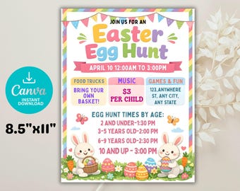 Plantilla editable de volante de búsqueda de huevos de Pascua, invitación imprimible en Canva (21,5 x 28 cm)