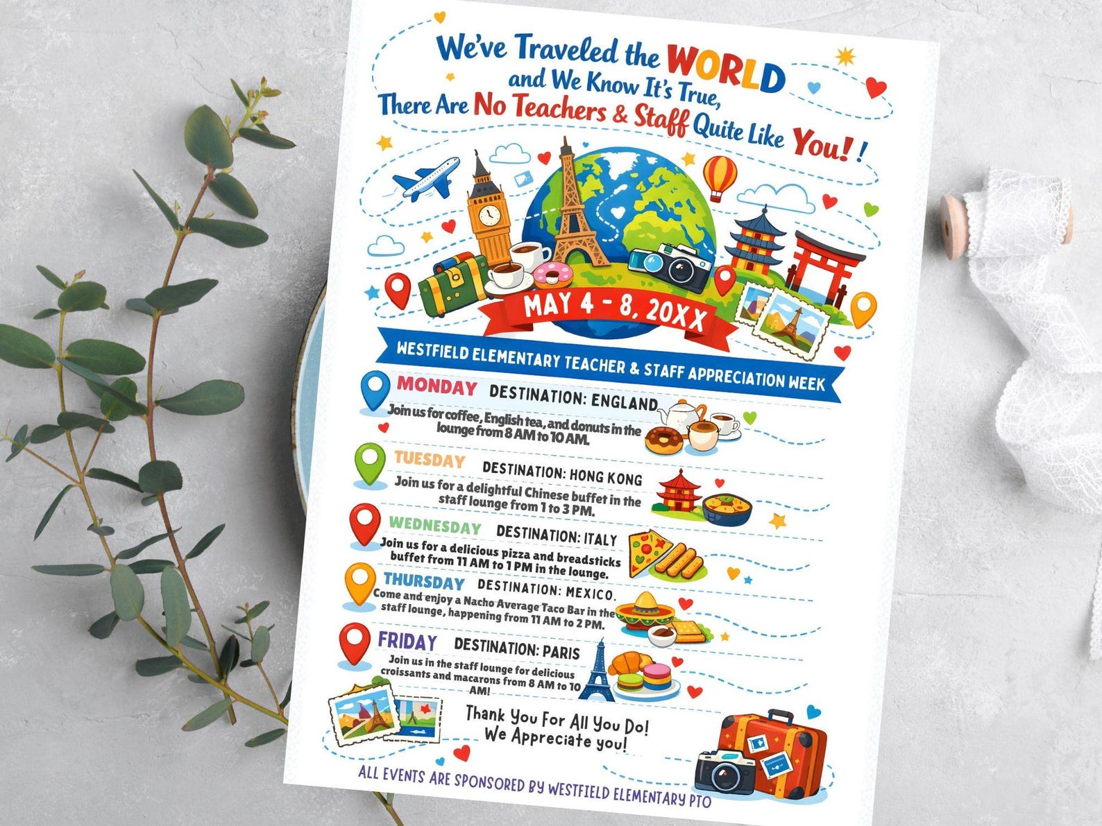 International Theme Teacher Appreciation Week Itinerary Flyer (canva ...
