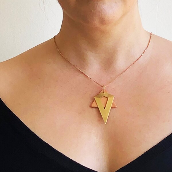 Essential Oil Jewelry, Aromatherapy Jewelry, Geometric Jewelry, Clay Necklace, Brass Jewelry, Red and Gold Necklace, Anointment, Triangle