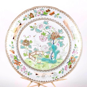 Antique Handpainted Porcelain Plate with Flowers & Birds by Davenport StoneChina from early 1800s