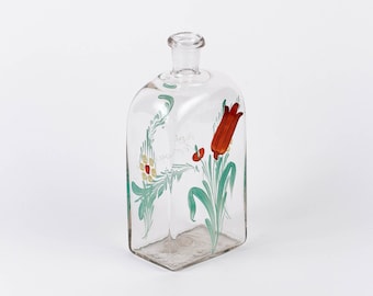 Antike handbemalte Maus-Flasche mit roter Tulpe aus dem frühen 19. Jahrhundert