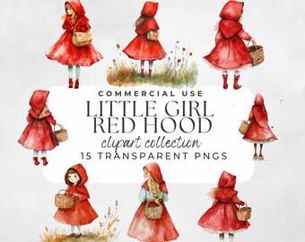 Può includere: Una collezione digitale di 15 illustrazioni ad acquerello che raffigurano una bambina che indossa un mantello rosso con cappuccio e porta un cestino. Le illustrazioni sono su sfondo bianco e sono perfette per l'artigianato, lo scrapbooking e altri progetti creativi.