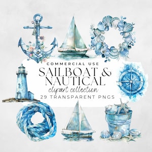 Könnte beinhalten: Eine Aquarell-Clipart-Sammlung mit nautischen und Segelboot-Motiven. Das Set enthält einen Leuchtturm, einen Anker, einen Kompass, ein Segelboot, ein Seil, Muscheln und einen Eimer. Die Illustrationen sind in Blautönen und Weiß gehalten.