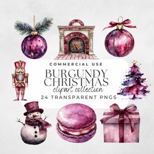 Clipart Noël Bourgogne, Bourgogne hiver, Cottagecore, Clipart aquarelle, Noël vintage, Clipart hiver douillet, dessins de Noël