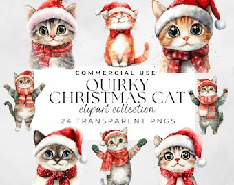 Quirky Christmas Cat Clipart Funny Animals Cute Cat Graphics Cat Dog Clipart Quirky Sublimation Christmas Clipart, Santa Clipart
