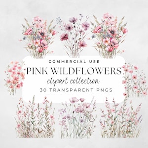 Wildblumen Clipart, Aquarell Blumen Clipart, Rosa Blumen Clipart, Aquarell Blumen, Rosa Blumen Clipart, Wildblumen Strauß, Frühling