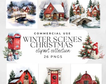 Winter Scenes Clipart Bundle Snowy Landscapes Graphics Holiday Art Watercolor Christmas Village Red Barn Christmas Scenes