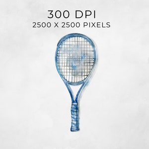 May include: A watercolour illustration of a blue tennis racket against a white background. The image text reads "300 DPI 2500 x 2500 PIXELS".