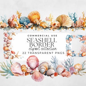 Puede incluir: Colección de imágenes prediseñadas de borde de conchas marinas de acuarela con 22 PNG transparentes. El borde presenta conchas marinas, estrellas de mar y corales en tonos de rosa, naranja, amarillo, azul y blanco.