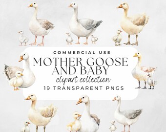 Moeder de gans en baby clipart aquarel kinderrijmpje verhalenboek afdrukbare kunst decor voor babyshowers en klassieke kinderthema's