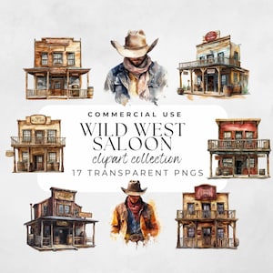 Könnte beinhalten: Aquarellillustrationen von Wild-West-Salons und Cowboys. Die Sammlung umfasst verschiedene Saloon-Gebäude mit Holzfassaden, Balkonen und Fässern. Das Bild zeigt auch zwei Aquarellporträts von Cowboys. Der Text lautet "Commercial Use Wild West Saloon Clipart Collection 17 Transparent PNGs."