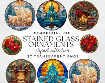 Stained Glass Christmas Ornament Clipart Round Designs PNG Commercial Use Sublimination Christmas Craft Cardinal Ornament Santa