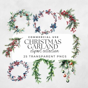 Christmas Garland Clipart, Christmas Clipart, Watercolor Clipart, Vintage Christmas, Watercolor Christmas, Holiday Clipart Watercolor Wreath
