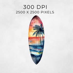 Puede incluir: Una pintura de acuarela de una tabla de surf con una escena de puesta de sol y palmeras. La tabla de surf est&aacute; pintada en tonos de azul, verde, naranja y rojo. La puesta de sol est&aacute; pintada en tonos de naranja, rosa y morado. Las palmeras est&aacute;n pintadas en tonos de verde y marr&oacute;n.