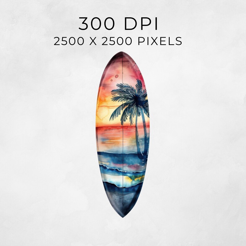 Puede incluir: Una pintura de acuarela de una tabla de surf con una escena de puesta de sol y palmeras. La tabla de surf est&aacute; pintada en tonos de azul, verde, naranja y rojo. La puesta de sol est&aacute; pintada en tonos de naranja, rosa y morado. Las palmeras est&aacute;n pintadas en tonos de verde y marr&oacute;n.