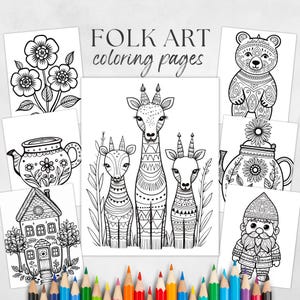 Folk Art Coloring Pages, Calm Coloring, Flower Kids Coloring, Retro Coloring Book, Boho Floral Coloring, Cottagecore Adult Coloring Books