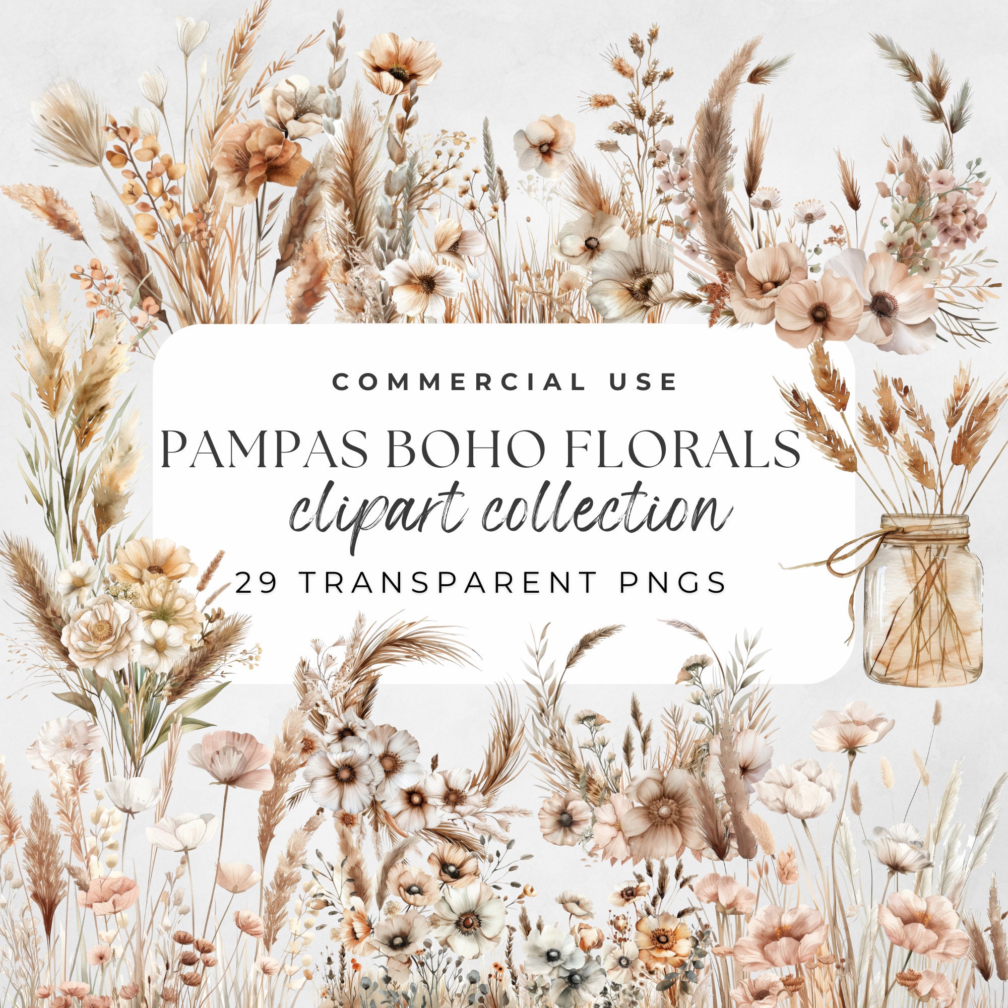 Pampas Clipart, Pampas Grass Clipart, Boho Bouquet, Bohemian Flowers, Boho Flower Clipart, Bohemien Floral Clipart, Dried Flower Clipart